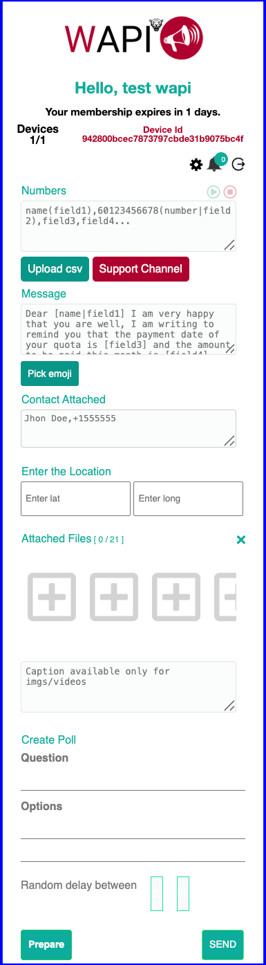 Panel de Wapi Premium para enviar mensajes por WhatsApp Web